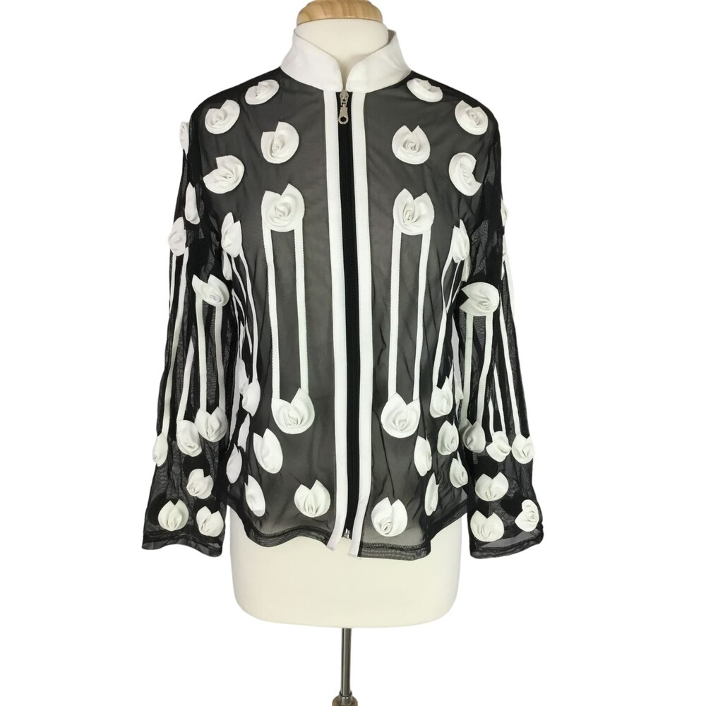 Weavz Women's Artsy Mesh Zip Up Jacket with White Vegan Leather 3D Rosettes sz M - Picture 1 of 16